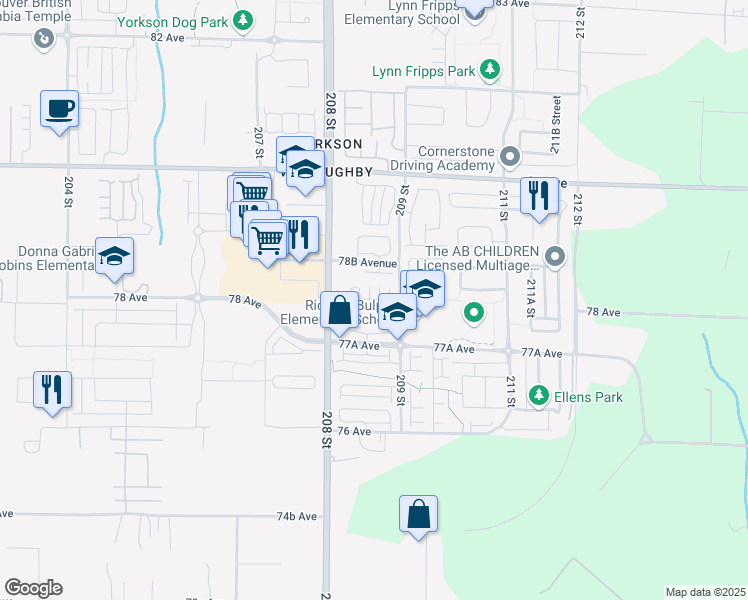 map of restaurants, bars, coffee shops, grocery stores, and more near 7811 209 Street in Langley Township