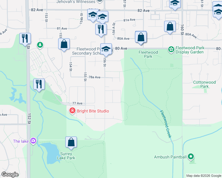 map of restaurants, bars, coffee shops, grocery stores, and more near 15639 77B Avenue in Surrey
