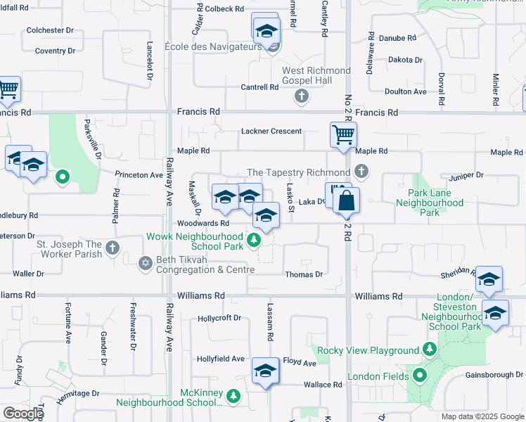 map of restaurants, bars, coffee shops, grocery stores, and more near 9382 Pauleshin Crescent in Richmond