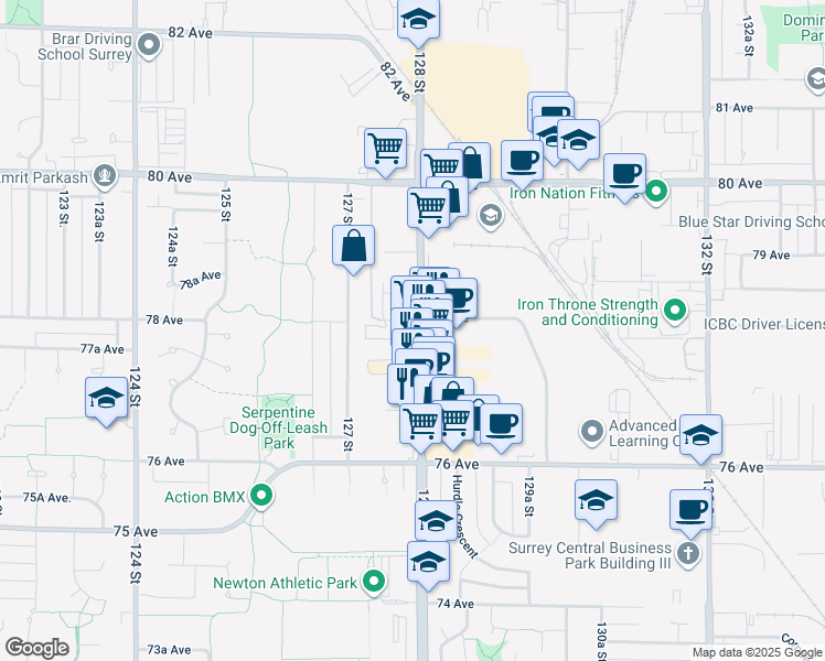 map of restaurants, bars, coffee shops, grocery stores, and more near 1795 78 Avenue in Surrey