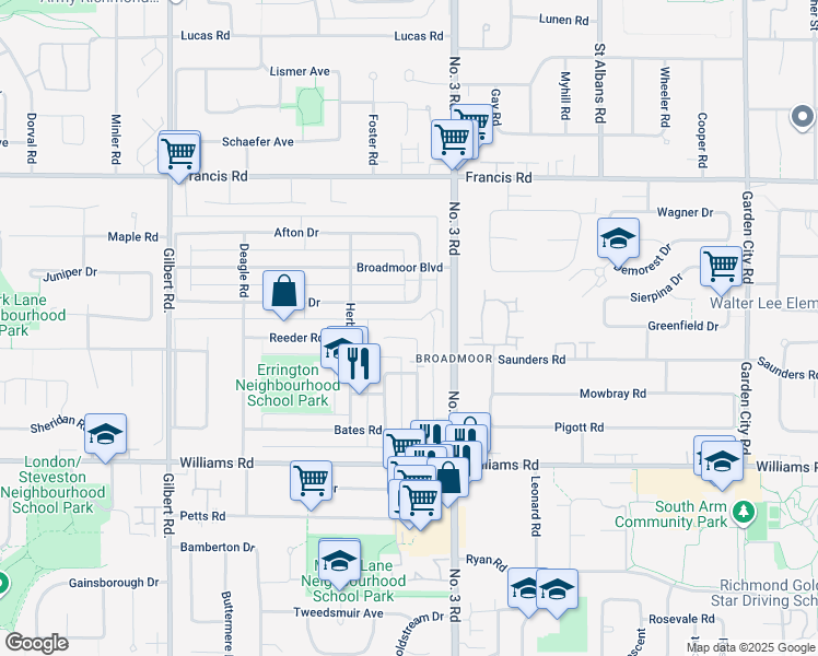 map of restaurants, bars, coffee shops, grocery stores, and more near 9600 Bates Road in Richmond
