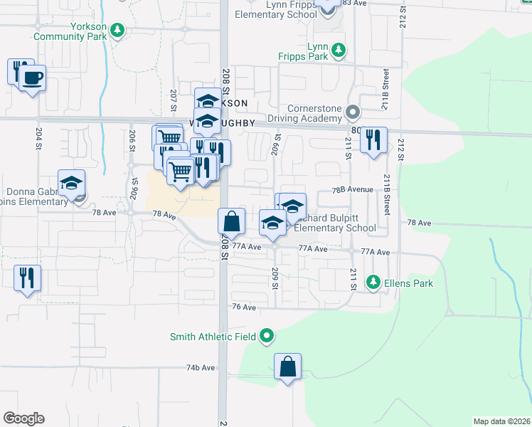 map of restaurants, bars, coffee shops, grocery stores, and more near 7809 209 Street in Langley Township