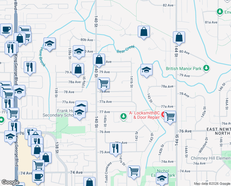 map of restaurants, bars, coffee shops, grocery stores, and more near 14098 78 Avenue in Surrey