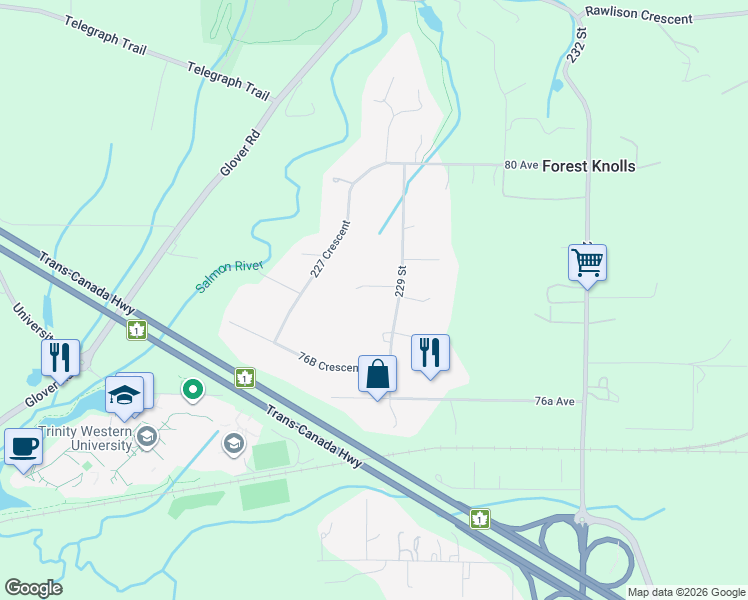 map of restaurants, bars, coffee shops, grocery stores, and more near 22872 78 Avenue in Langley Township