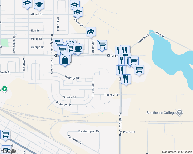 map of restaurants, bars, coffee shops, grocery stores, and more near 308 Petterson Drive in Estevan