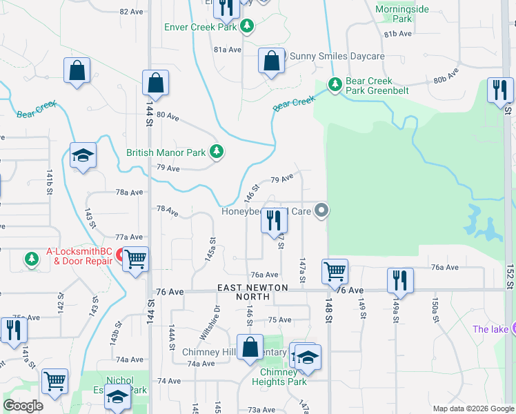 map of restaurants, bars, coffee shops, grocery stores, and more near 7789 146A Street in Surrey