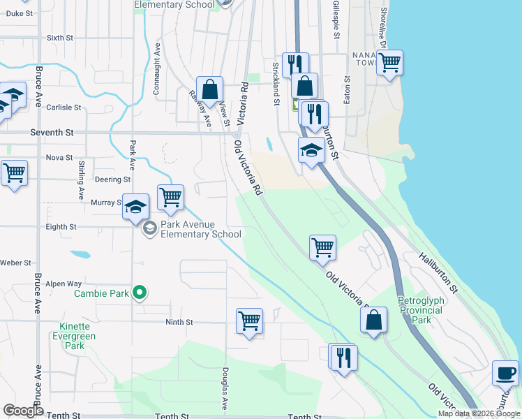 map of restaurants, bars, coffee shops, grocery stores, and more near in Nanaimo