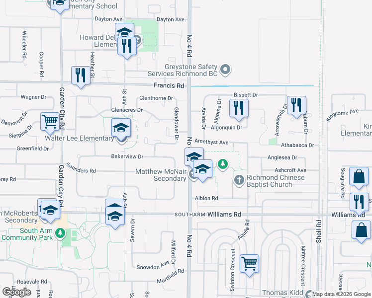 map of restaurants, bars, coffee shops, grocery stores, and more near 9571 Number 4 Road in Richmond