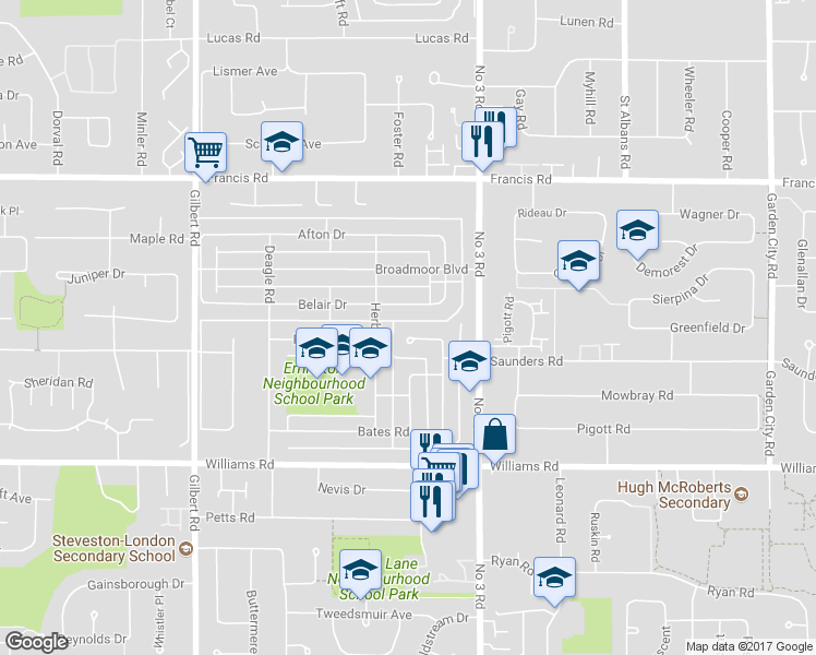 map of restaurants, bars, coffee shops, grocery stores, and more near 9520 Bates Road in Richmond
