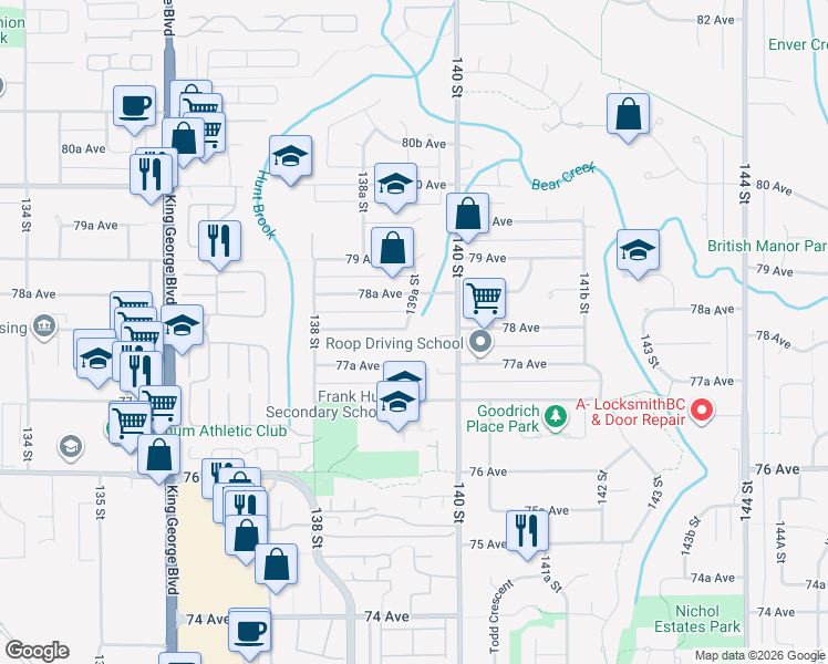 map of restaurants, bars, coffee shops, grocery stores, and more near 7802 139A Street in Surrey