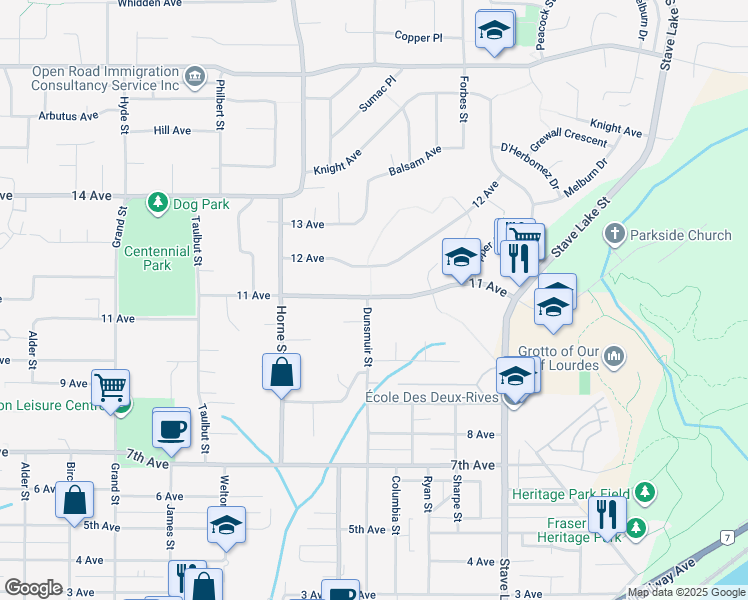 map of restaurants, bars, coffee shops, grocery stores, and more near 7816 Dunsmuir Street in Mission