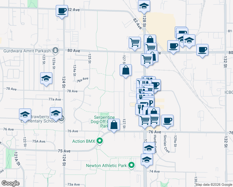 map of restaurants, bars, coffee shops, grocery stores, and more near 12682 78 Avenue in Surrey