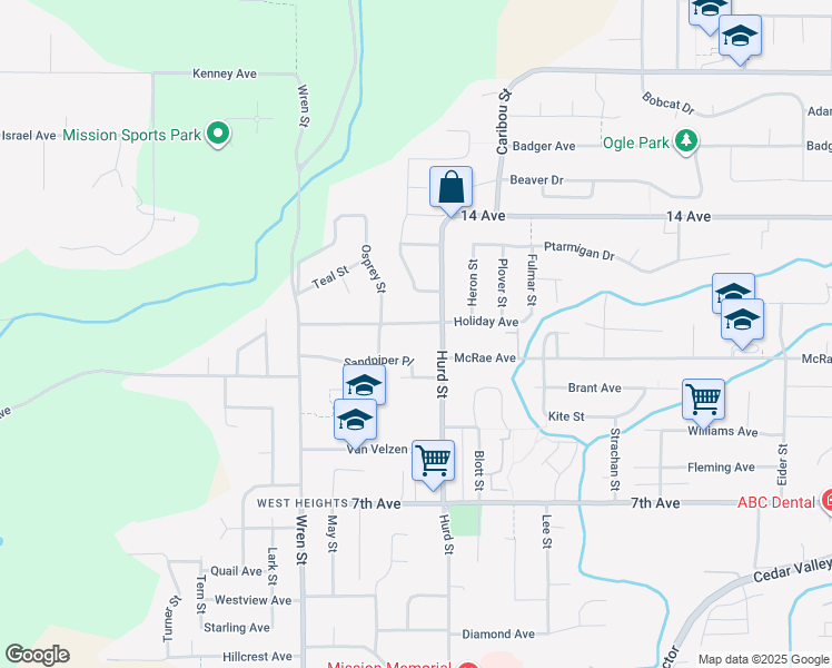 map of restaurants, bars, coffee shops, grocery stores, and more near 32166 Holiday Avenue in Mission