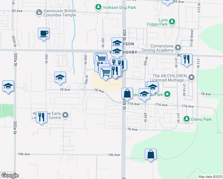 map of restaurants, bars, coffee shops, grocery stores, and more near 20716 Willoughby Town Centre Drive in Langley Township