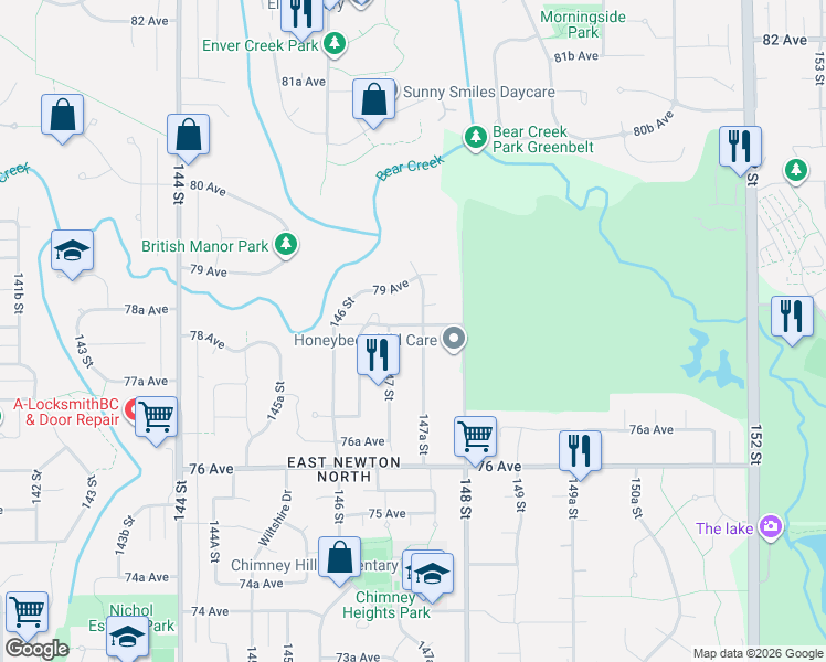 map of restaurants, bars, coffee shops, grocery stores, and more near 7787 147A Street in Surrey
