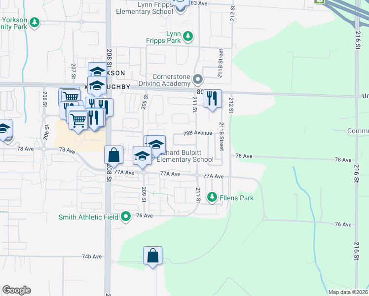 map of restaurants, bars, coffee shops, grocery stores, and more near 21068 78A Avenue in Langley Township