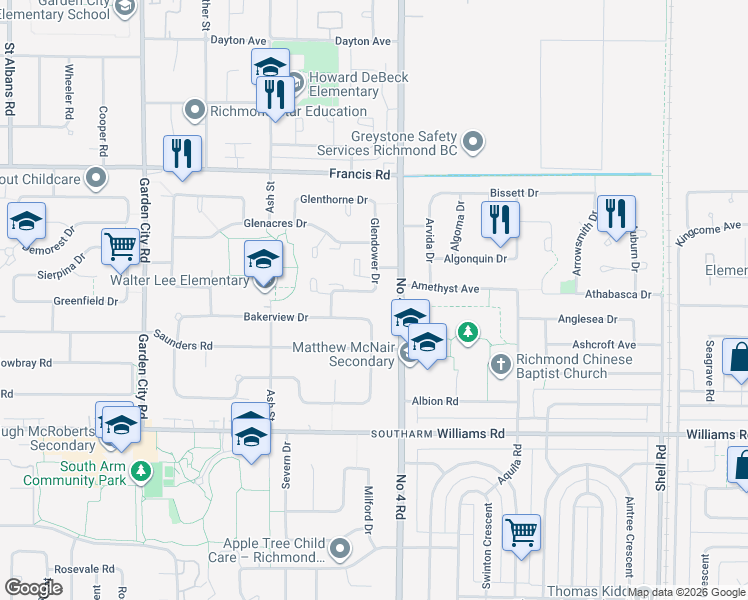 map of restaurants, bars, coffee shops, grocery stores, and more near 9500 Glendower Drive in Richmond