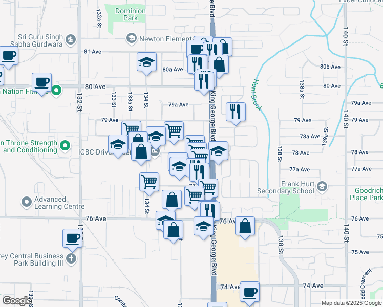 map of restaurants, bars, coffee shops, grocery stores, and more near 15439 78 Avenue in Surrey