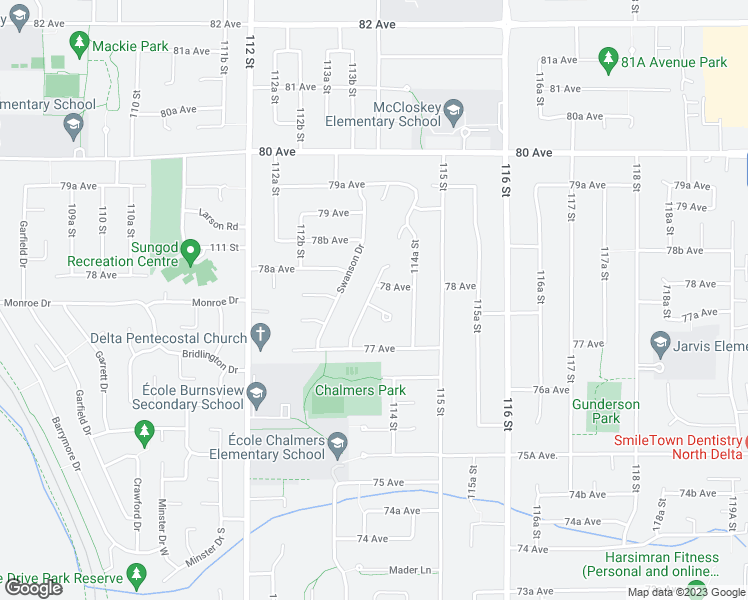 map of restaurants, bars, coffee shops, grocery stores, and more near 7802 Bremridge Drive in Delta