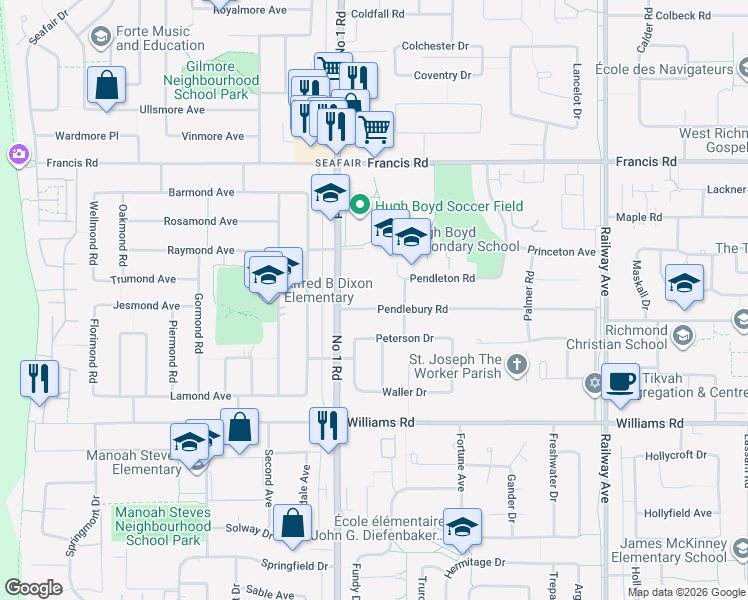 map of restaurants, bars, coffee shops, grocery stores, and more near 4311 Pendlebury Road in Richmond