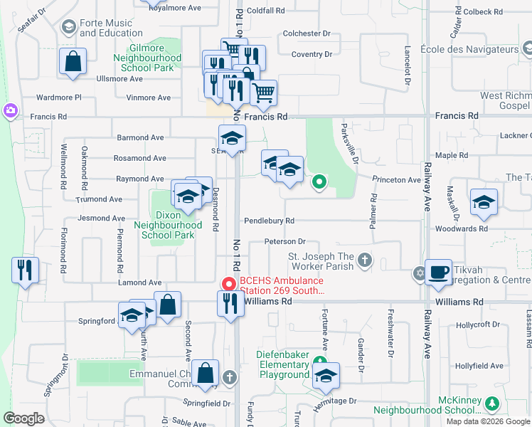 map of restaurants, bars, coffee shops, grocery stores, and more near 4331 Pendlebury Road in Richmond