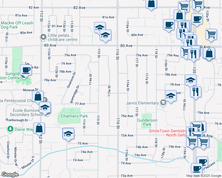 map of restaurants, bars, coffee shops, grocery stores, and more near 7788 115A Street in Delta