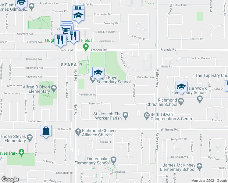 map of restaurants, bars, coffee shops, grocery stores, and more near 4571 Pendlebury Road in Richmond
