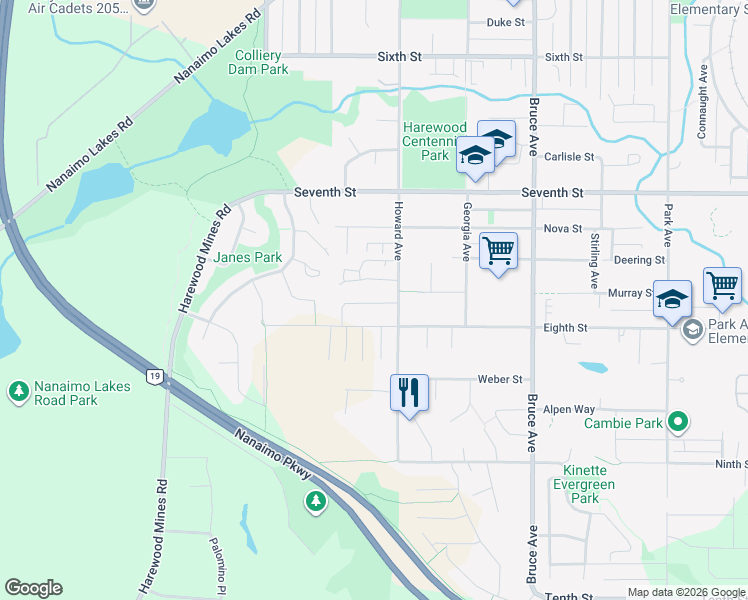 map of restaurants, bars, coffee shops, grocery stores, and more near in Nanaimo