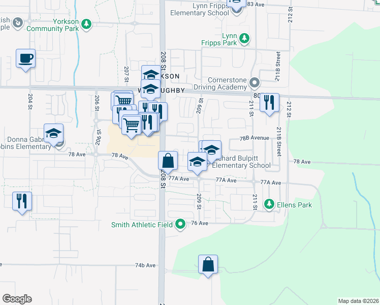 map of restaurants, bars, coffee shops, grocery stores, and more near 7811 209 Street in Langley Township