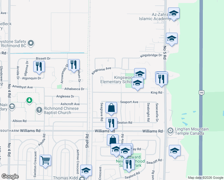 map of restaurants, bars, coffee shops, grocery stores, and more near 11271 King Road in Richmond