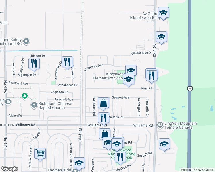 map of restaurants, bars, coffee shops, grocery stores, and more near 11271 King Road in Richmond