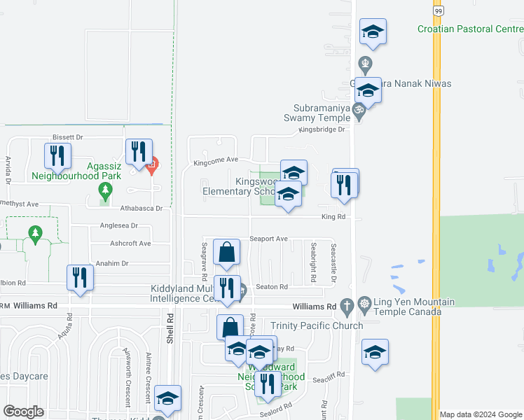 map of restaurants, bars, coffee shops, grocery stores, and more near 11451 King Road in Richmond