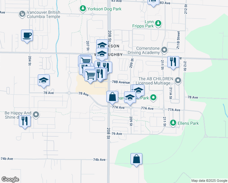 map of restaurants, bars, coffee shops, grocery stores, and more near 7809 209 Street in Langley Township