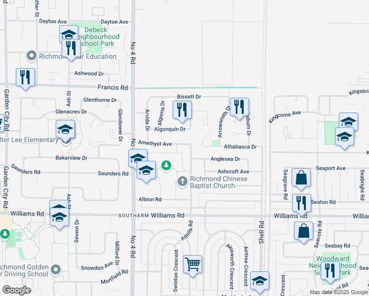 map of restaurants, bars, coffee shops, grocery stores, and more near 10380 Amethyst Avenue in Richmond