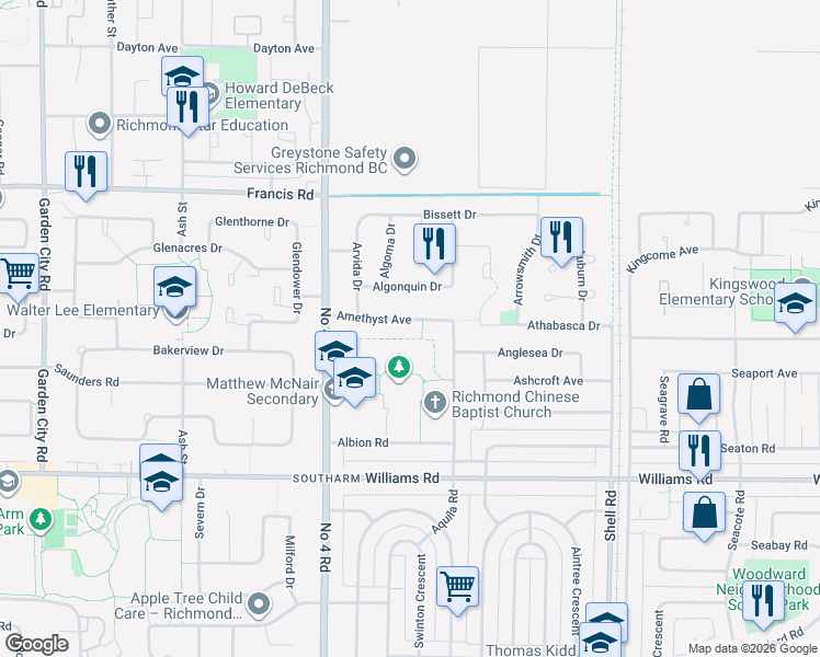 map of restaurants, bars, coffee shops, grocery stores, and more near 10280 Amethyst Avenue in Richmond