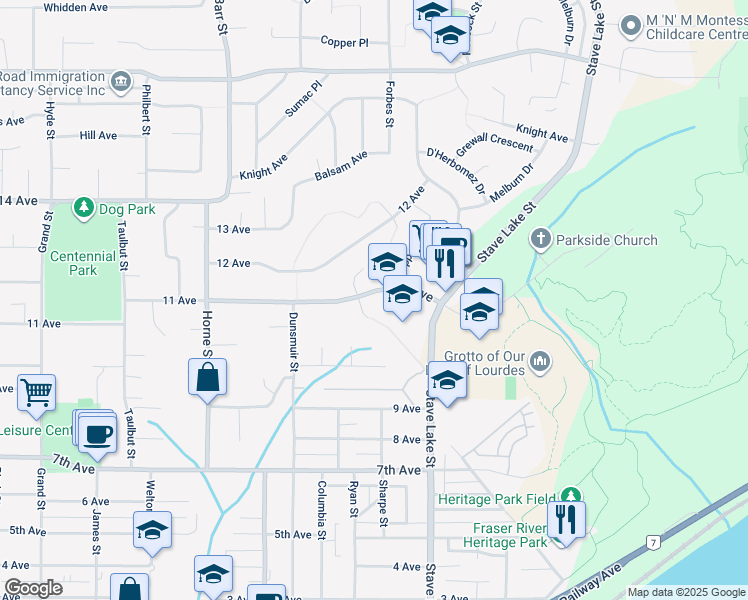 map of restaurants, bars, coffee shops, grocery stores, and more near 33562 11 Avenue in Mission