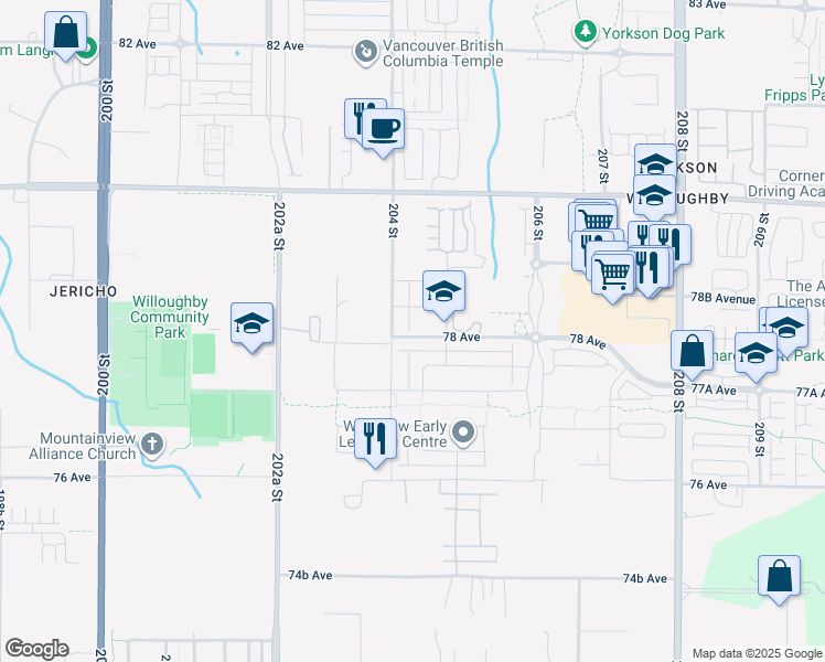 map of restaurants, bars, coffee shops, grocery stores, and more near 20425 78 Avenue in Langley Township