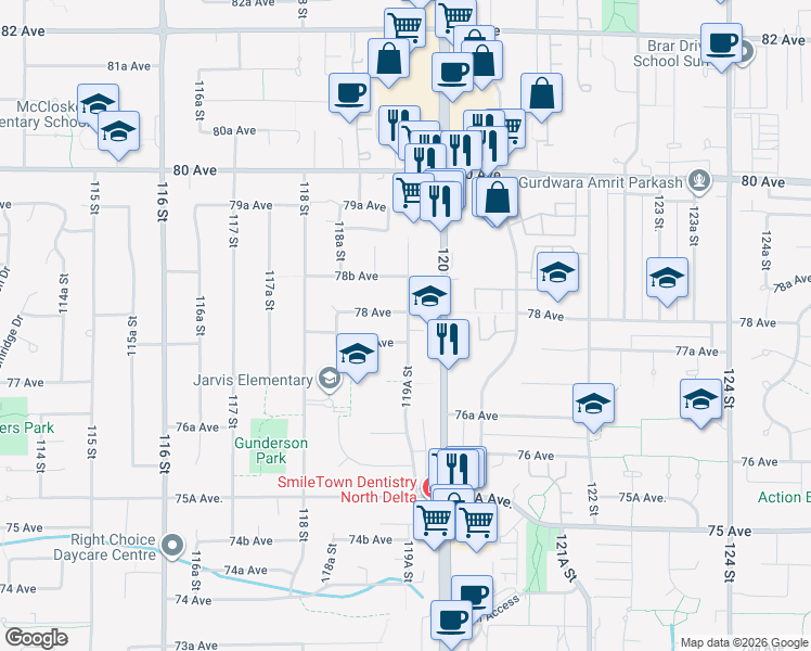 map of restaurants, bars, coffee shops, grocery stores, and more near 7781 119A Street in Delta