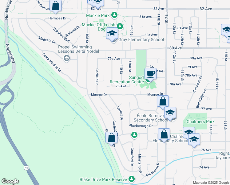 map of restaurants, bars, coffee shops, grocery stores, and more near 10935 Monroe Drive in Delta