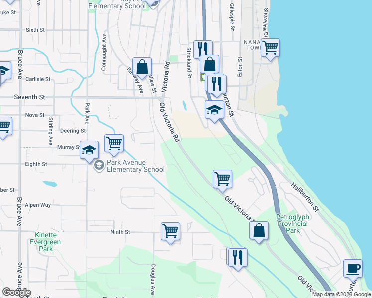map of restaurants, bars, coffee shops, grocery stores, and more near 852 Old Victoria Road in Nanaimo