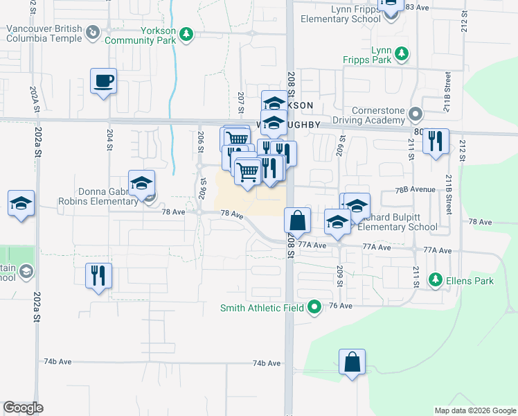map of restaurants, bars, coffee shops, grocery stores, and more near 20728 Willoughby Town Centre Drive in Langley Township