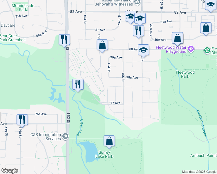 map of restaurants, bars, coffee shops, grocery stores, and more near 78 Avenue in Surrey