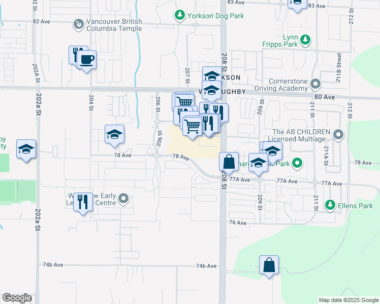 map of restaurants, bars, coffee shops, grocery stores, and more near 20673 78 Avenue in Langley Township