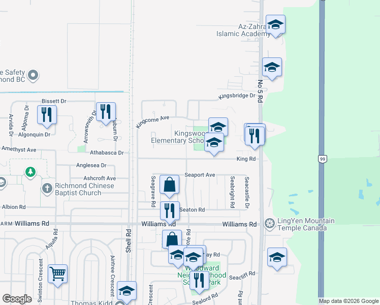 map of restaurants, bars, coffee shops, grocery stores, and more near 11451 King Road in Richmond