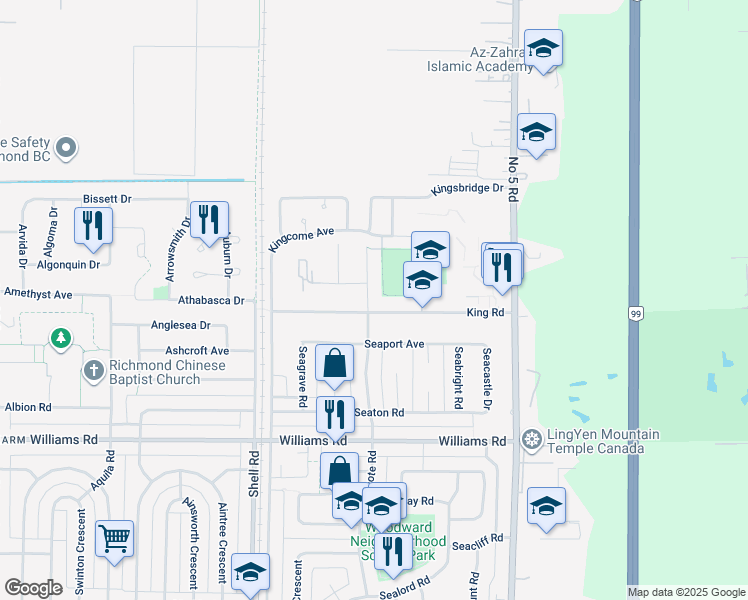 map of restaurants, bars, coffee shops, grocery stores, and more near 9580 Seacote Road in Richmond