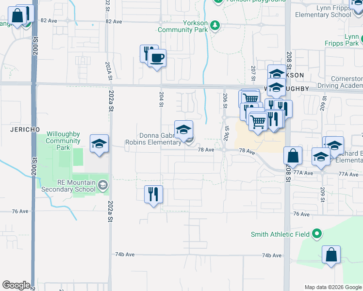 map of restaurants, bars, coffee shops, grocery stores, and more near 20453 78 Avenue in Langley Township