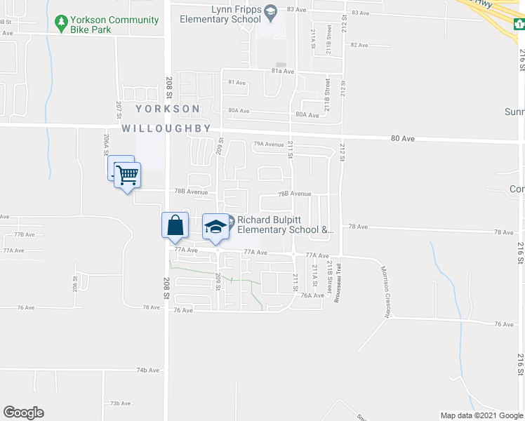 map of restaurants, bars, coffee shops, grocery stores, and more near 19675 78A Avenue in Langley