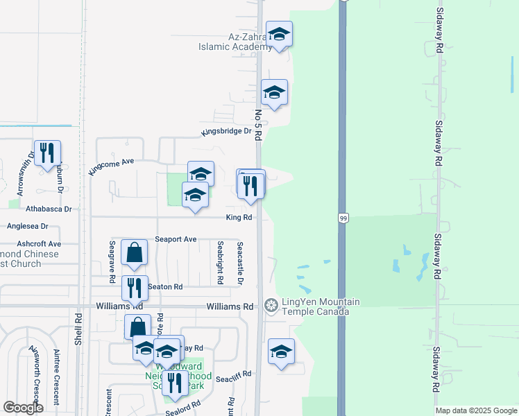 map of restaurants, bars, coffee shops, grocery stores, and more near 9331 No 5 Rd in Richmond
