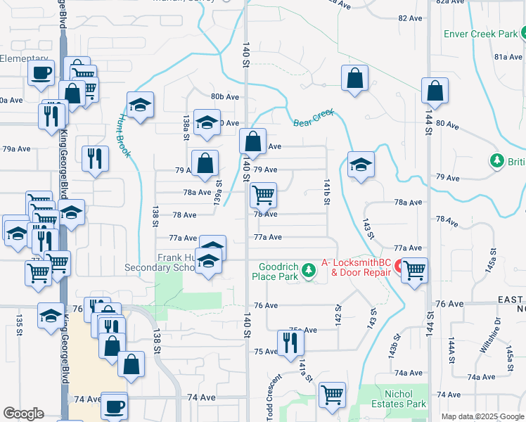 map of restaurants, bars, coffee shops, grocery stores, and more near 7601 78 Avenue in Surrey