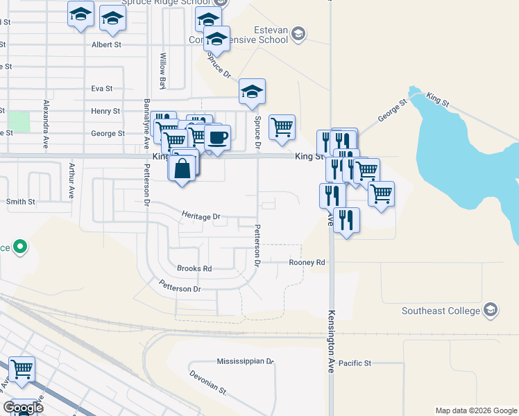 map of restaurants, bars, coffee shops, grocery stores, and more near 308 Petterson Drive in Estevan